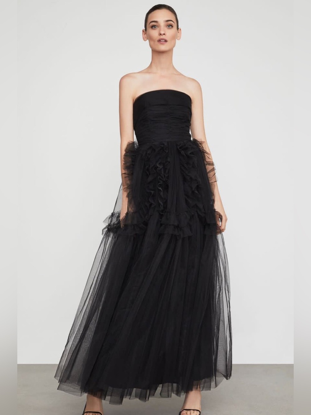 BCBG MAXAZRIA BLACK RUFFLES CORSET TULLE EVENING GOWN 6